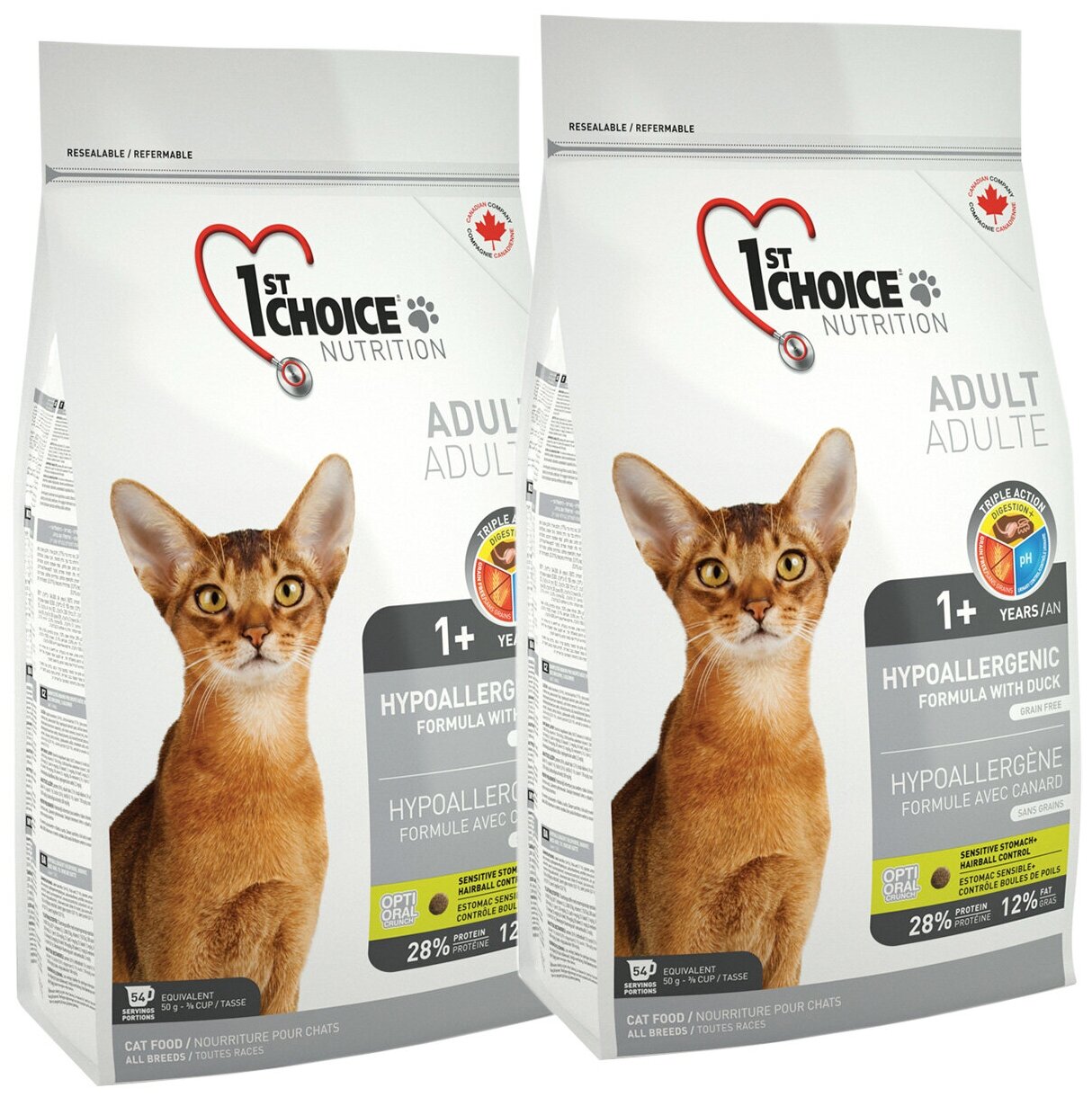 1ST CHOICE CAT ADULT HYPOALLERGENIC беззерновой для взрослых кошек при аллергии с уткой и картофелем (0,35 + 0,35 кг)