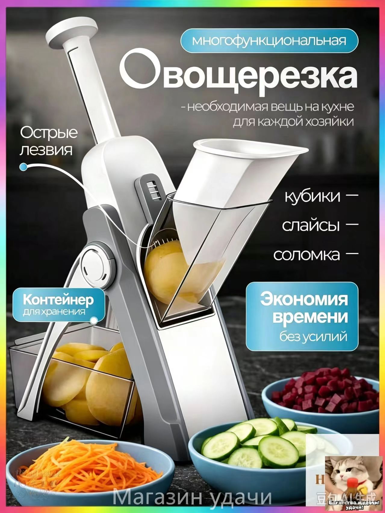 Многофункциональная овощерезка, ручная шинковка для овощей, нарезка кубиками, слайсами и соломкой, с контейнером