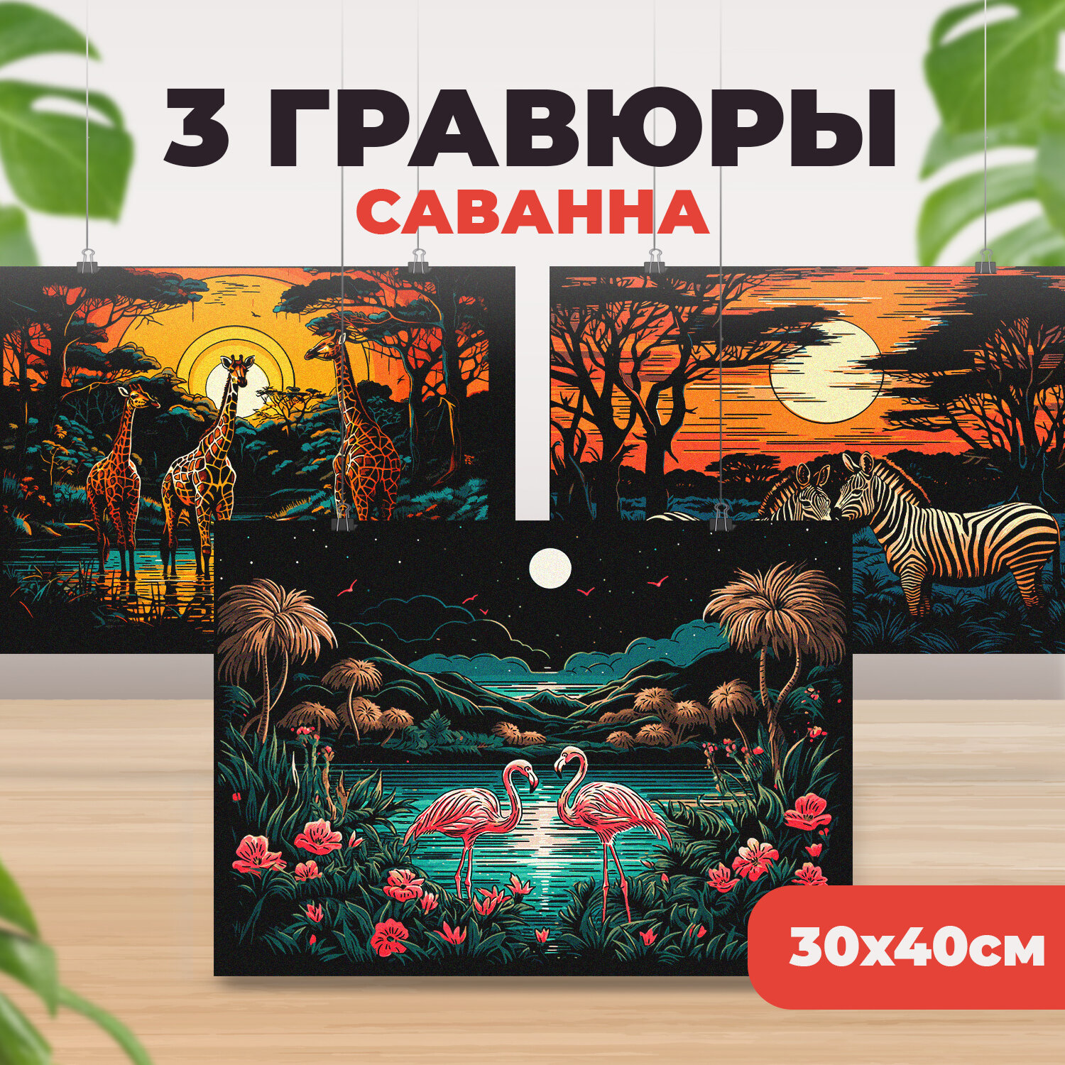 Набор для творчества гравюра цветная скретч картина LORI Саванна, 30х40 см, 3 шт, Им-379