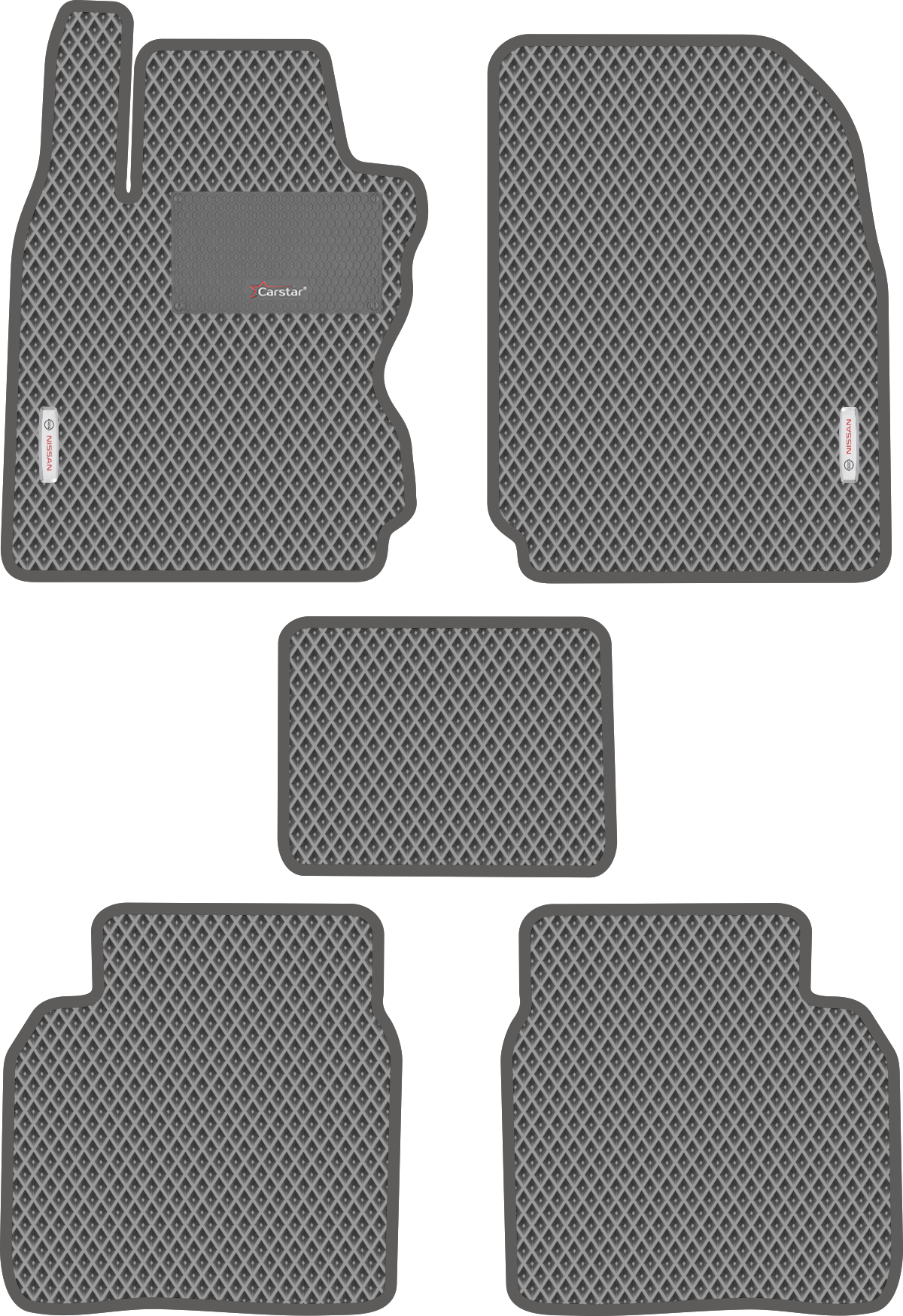 Автомобильные коврики EVA для Nissan Note I (2004-2013), с каучуковым подпятником и 2 эмблемами Nissan, серые с серым кантом, ячейка - ромб