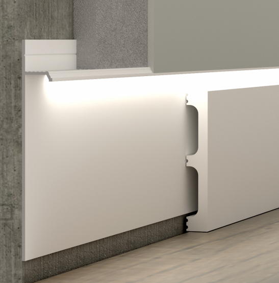 фото Скрытый плинтус алюминиевый Pro Design 323 W белый муар RAL9016 1 шт. 2700х100х14,5 мм