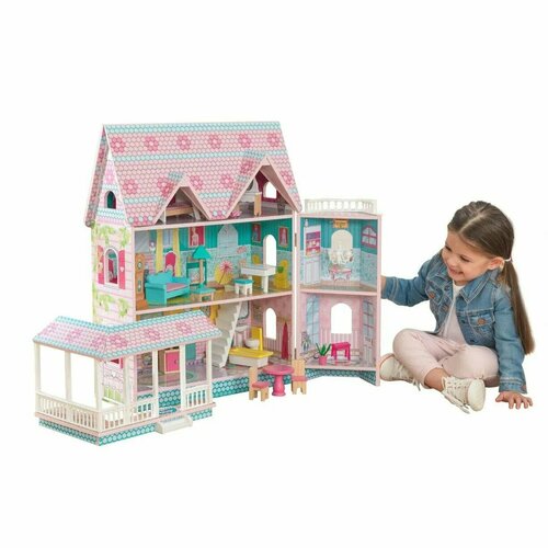 кукольные домики и мебель kidkraft кукольный дом особняк эбби KidKraft Кукольный дом Особняк Эбби 65941, розовый/голубой