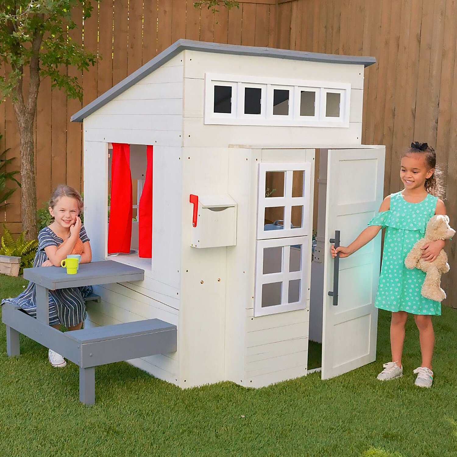 Современный детский игровой домик для улицы, с кухней и доской для рисования, белый