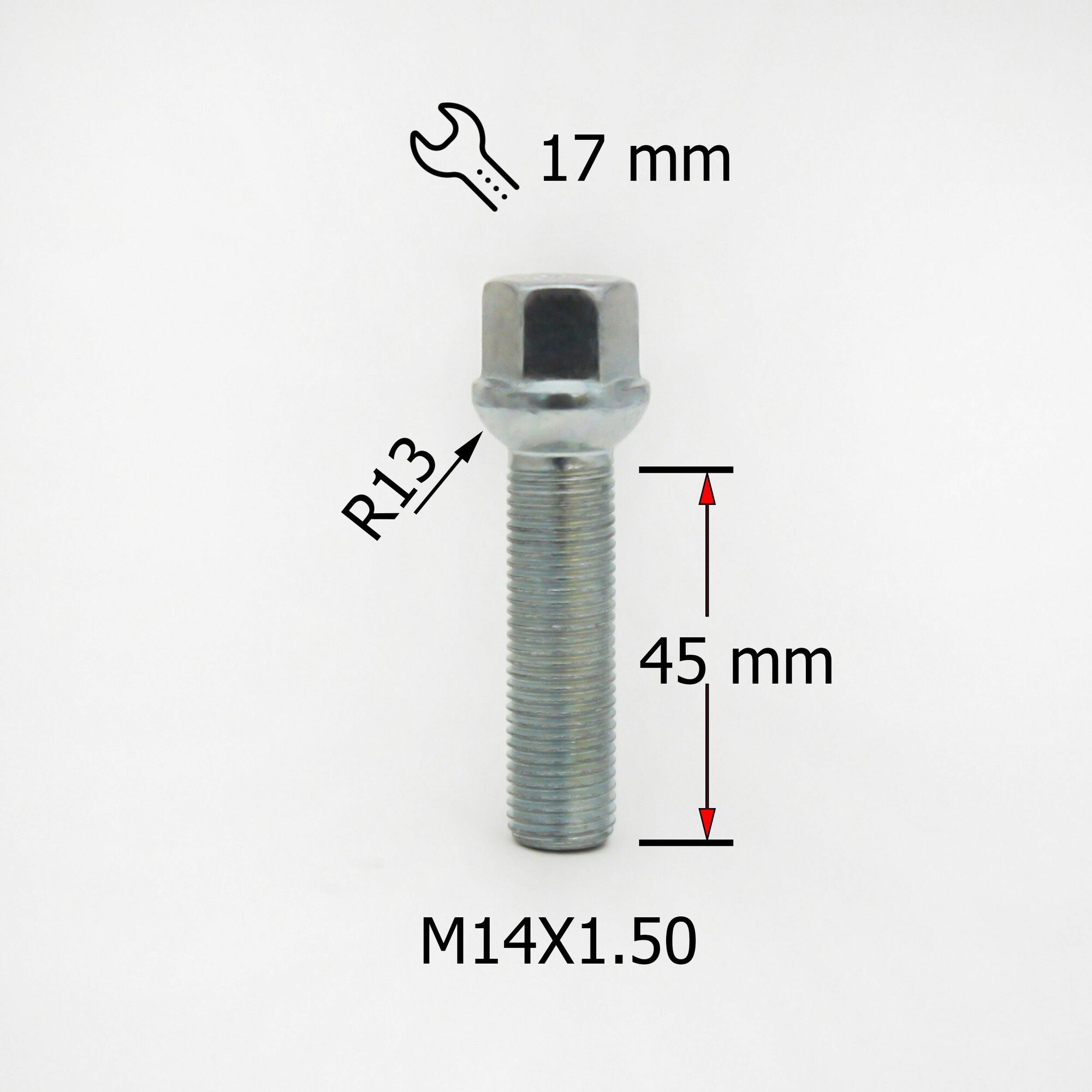 Болт колесный M14x1,5 длина резьбовой части 45мм, сфера, ключ 17мм, цинк