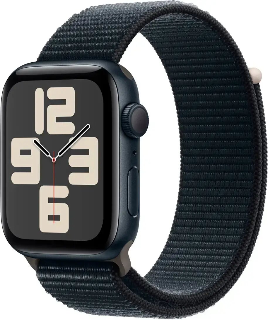 Умные часы Apple Watch Series SE 2023 44 мм из алюминия цвета «тёмная ночь», нейлоновый браслет цвета «тёмная ночь»