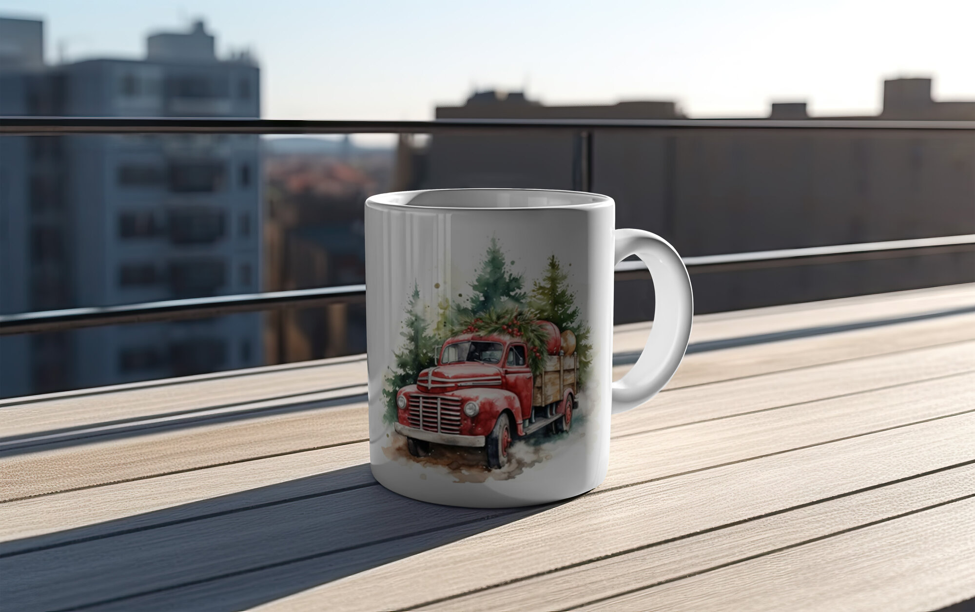 Кружка, чашка керамическая белая с ручкой, с рисунком "Новогодний Ford Falcon", 330 мл, для чая. для кофе, в подарок