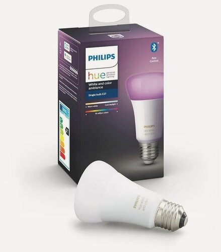 Изображение товара Philips Hue WCA — полноцветная умная лампа E27 (9 Вт, 806 Лм, Bluetooth, Zigbee, 16 млн цветов) 929002216824