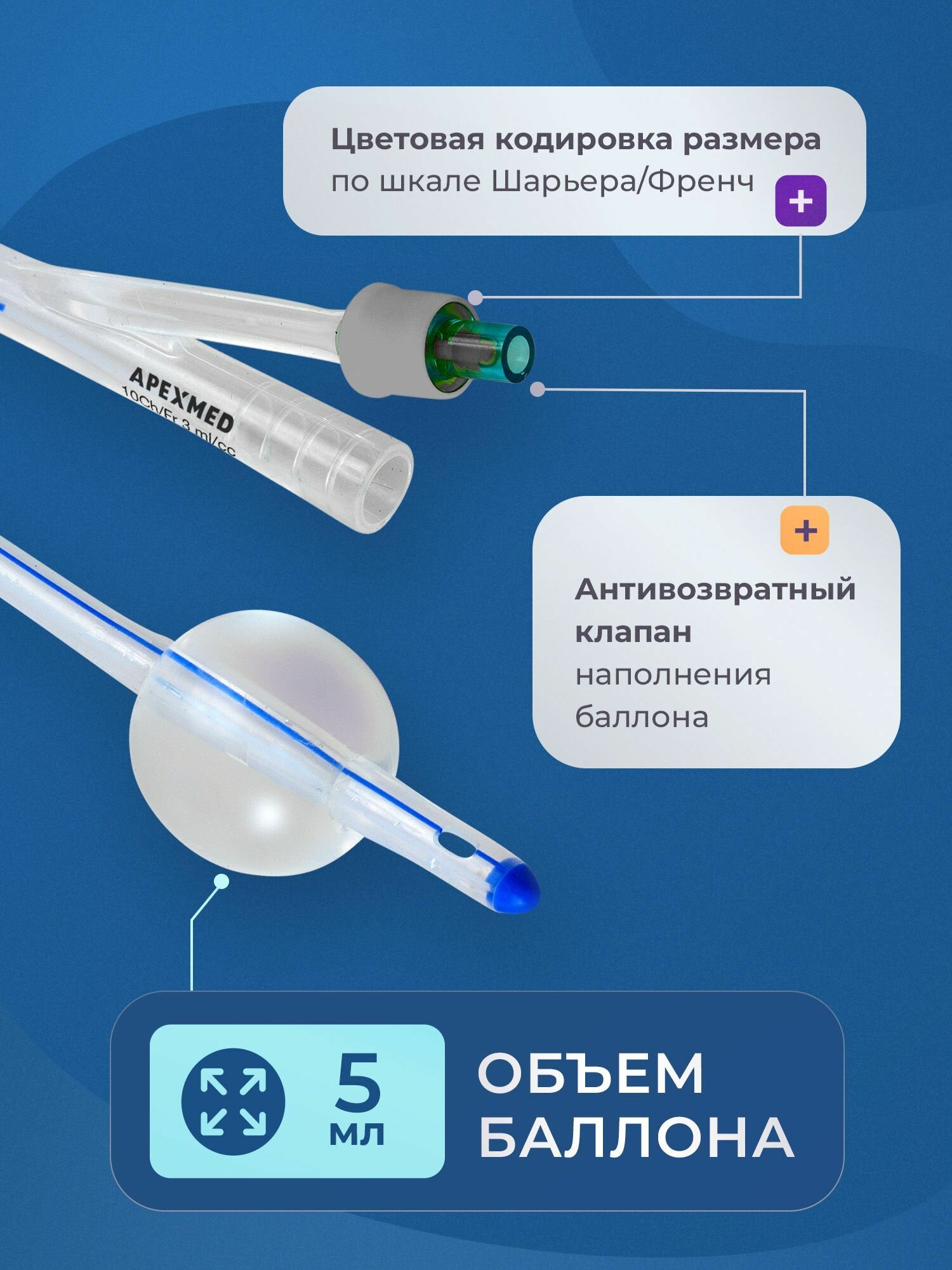 Изображение APEXMED Катетер Фолея урологический универсальный, мужской, Ch/Fr 10, двухходовой, силиконовый, уретральный