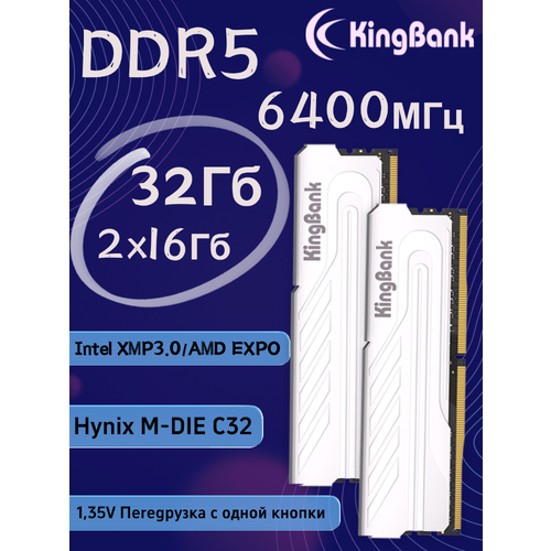 Kingbank Модуль памяти DDR5 6400MHz 216GB 32GB UDIMM Silver Heatsink Hynix M-die C32 15337₽