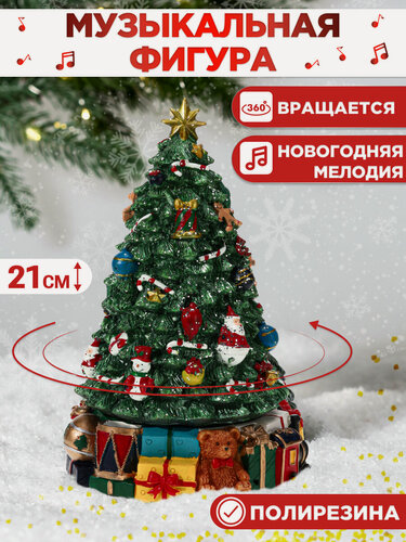 Изображение товара Статуэтка из полирезины "Елочка с подарками" механическая с музыкой15*14.5*21см НУ-7080