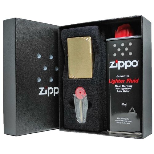 Подарочный набор ZIPPO ( Зажигалка ZIPPO 240 Vintage 1937, золотистая с покрытием Brushed Brass + кремни + топливо, 125 мл )