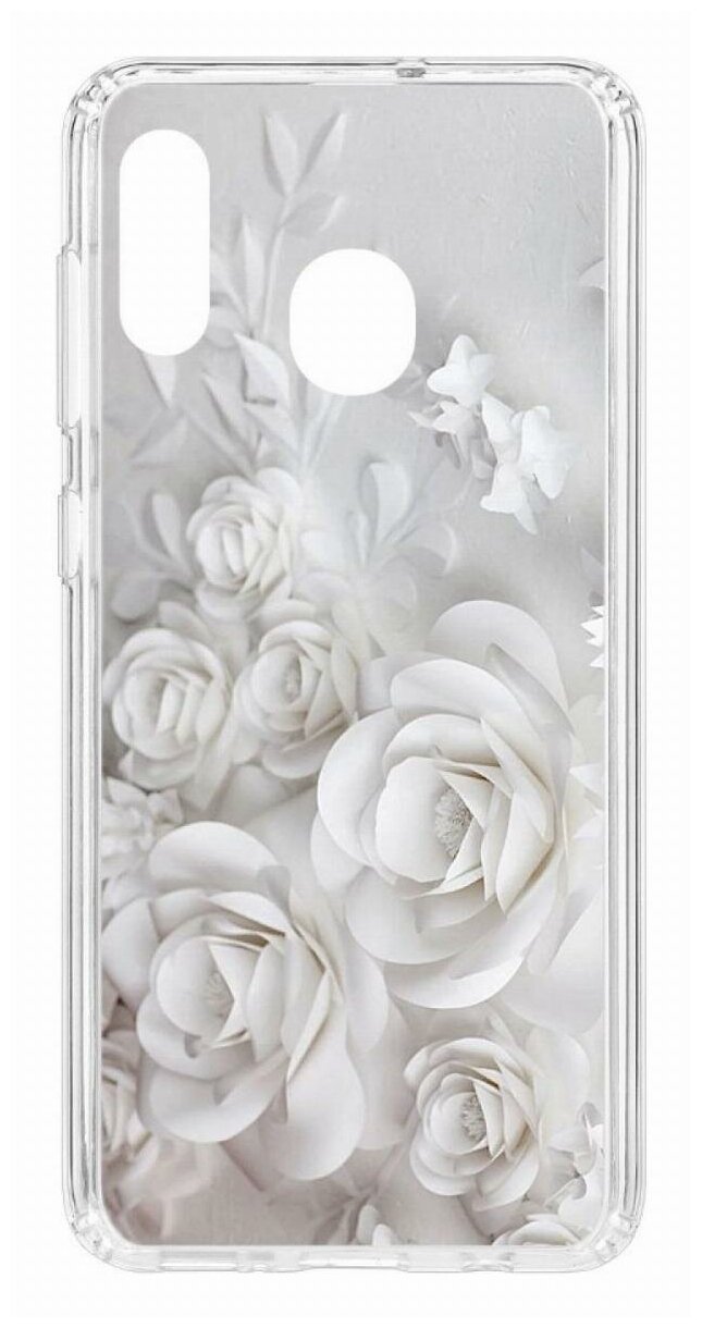 Чехол для Samsung Galaxy A20/A30 Kruche Print White roses, пластиковая накладка, силиконовый бампер с защитой камеры, защитный прозрачный кейс с рисунком