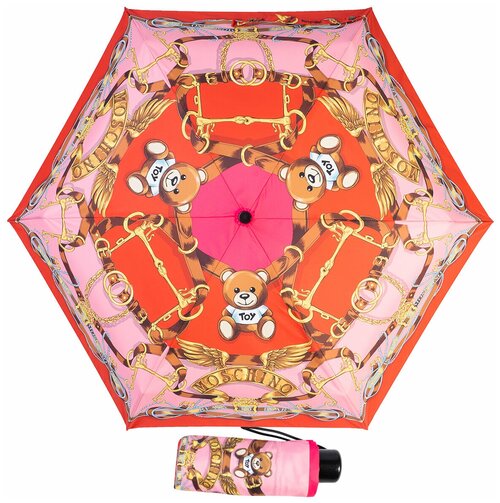 Мини-зонт MOSCHINO, механика, 4 сложения, купол 92 см, 6 спиц, чехол в комплекте, для женщин, розовый, красный