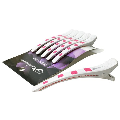 Gera Professional Зажим для волос, цвет белый с розовой силиконовой вставкой, 6 шт/уп