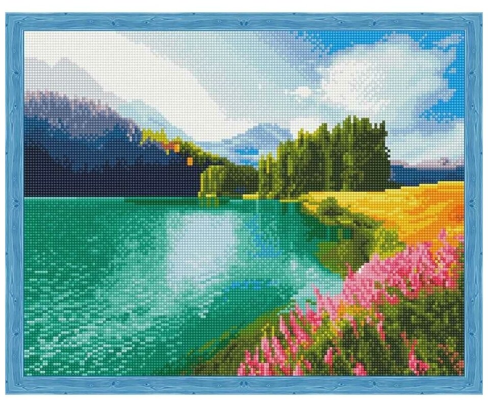 Алмазная мозаика "Цветущее поле у озера" 50x40 см Цветной (Standart)