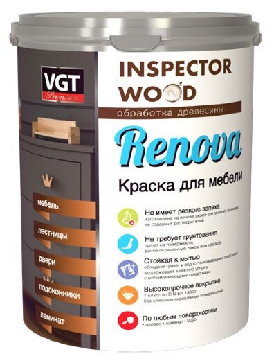 Краска полиуретановая VGT Renova для мебели влагостойкая моющаяся полуматовая