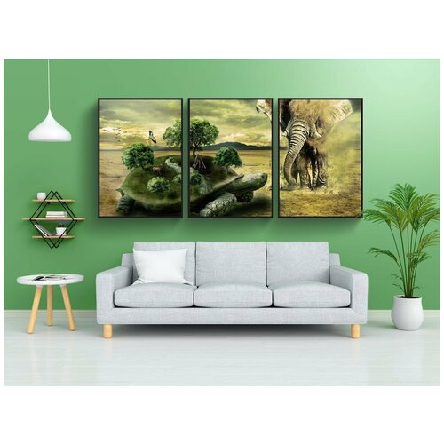 фото Набор модулных постеров для интерьера "черепаха, слон, животное" 60x90 см. в тубусе, без рамки lotsprints