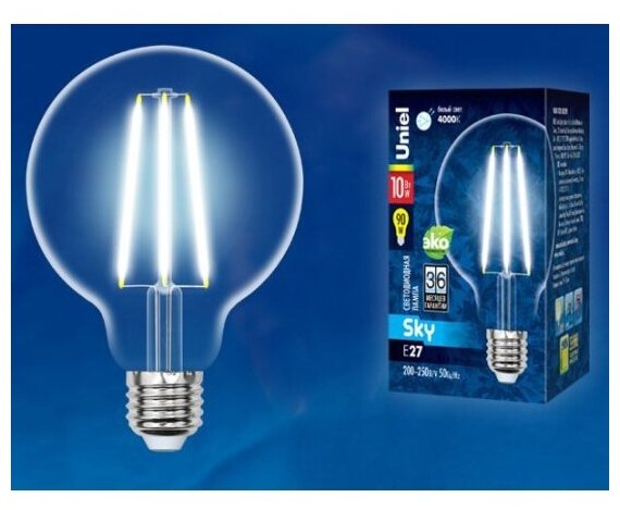 Светодиодная лампа Uniel LED-G95-10W/4000K/E27/CL PLS02WH Форма "шар", прозрачная. Серия Sky. Белый свет (4000K). Картон. ТМ .