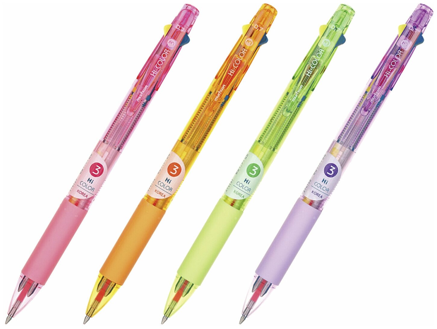 Ручка шариковая масляная автоматическая MUNHWA "Hi-Color 3" 3 цвета (синий неоновый желтый неоновый розовый) узел 07 мм HC3