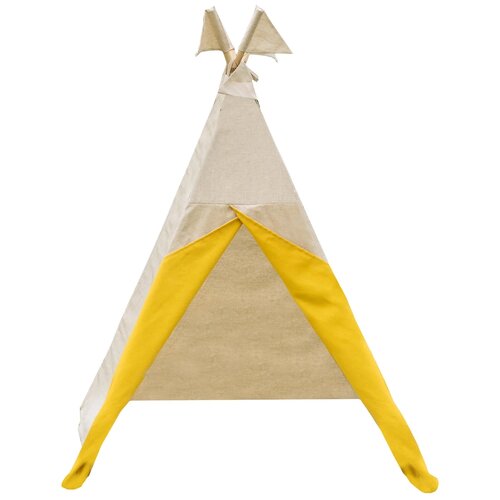 Палатка VIGVAM shop вигвам льняной с флажками и системой антискладывания с цветными шторками, бежево-серый/желтый