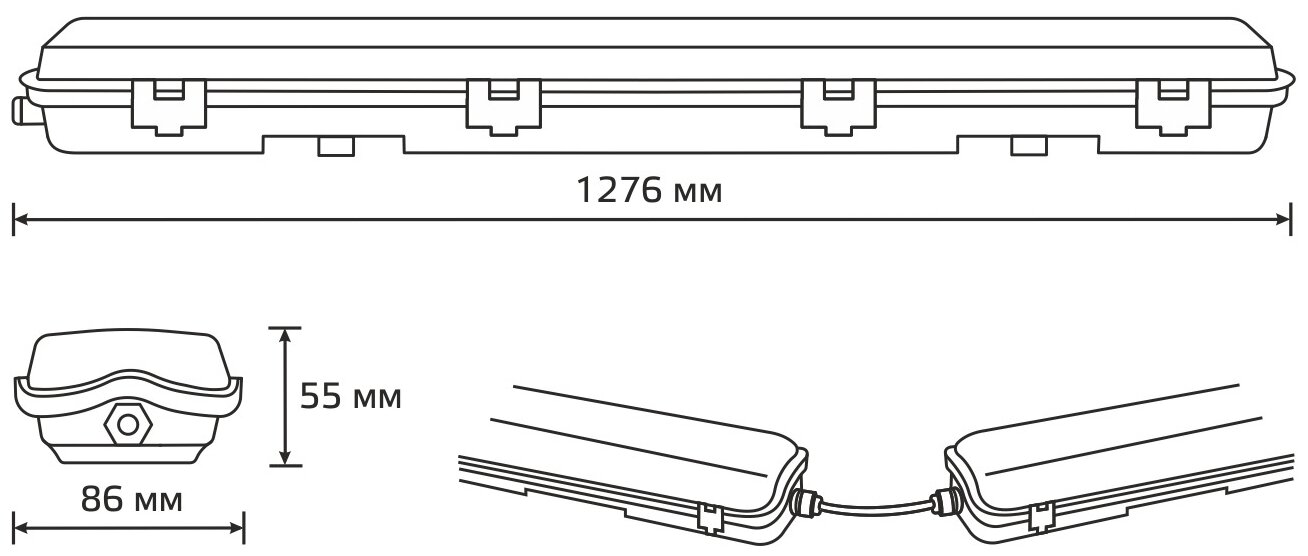 Светильник Lite G13 IP65 1276х86х55мм ДСП линейный для LED ламп 2х1200мм GAUSS 909437212