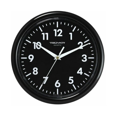 фото Часы настенные troyka 21200204, круг, черные, черная рамка, 24,5х24,5х3,1 см тройка