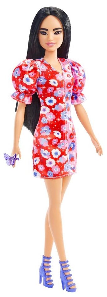 Кукла Barbie Игра с модой, 29 см, FBR37 брюнетка в красном платье с цветочками