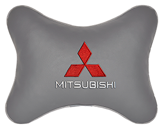 Автомобильная подушка на подголовник экокожа L.Grey с логотипом автомобиля MITSUBISHI