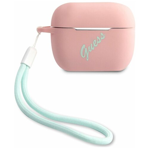 фото Чехол для airpods guess silicone case script logo with cord розовый