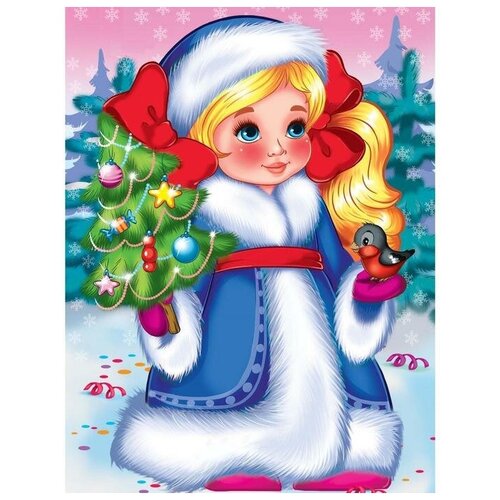 фото Алмазная мозаика 17×22 см, с подрамником, с полным заполнением, 18 цв. «снежная девочка с ёлочкой и снегирем» magic