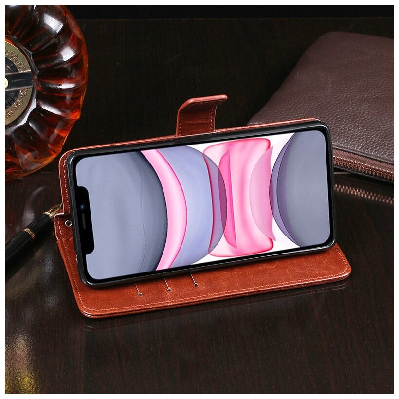 Чехол-книжка MyPads для iPhone XI / iPhone 11 с мульти-подставкой застёжкой и визитницей коричневый — фото 4