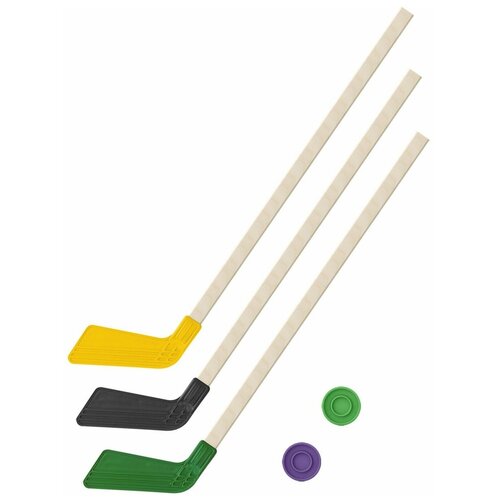 Купить Набор Задира-плюс 3 клюшки хоккейных 80 см и 2 шайбы, КЛ2-Ш2-КЛ-Ш желтый/черный/зеленый, Задира-Плюс, черный/желтый/зеленый, дерево, пластик