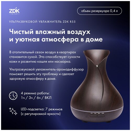 игрушка медведь zdk zwtoy2 Аромадиффузор увлажнитель воздуха с подсветкой ZDK R55 dark wood (темно-коричневый)