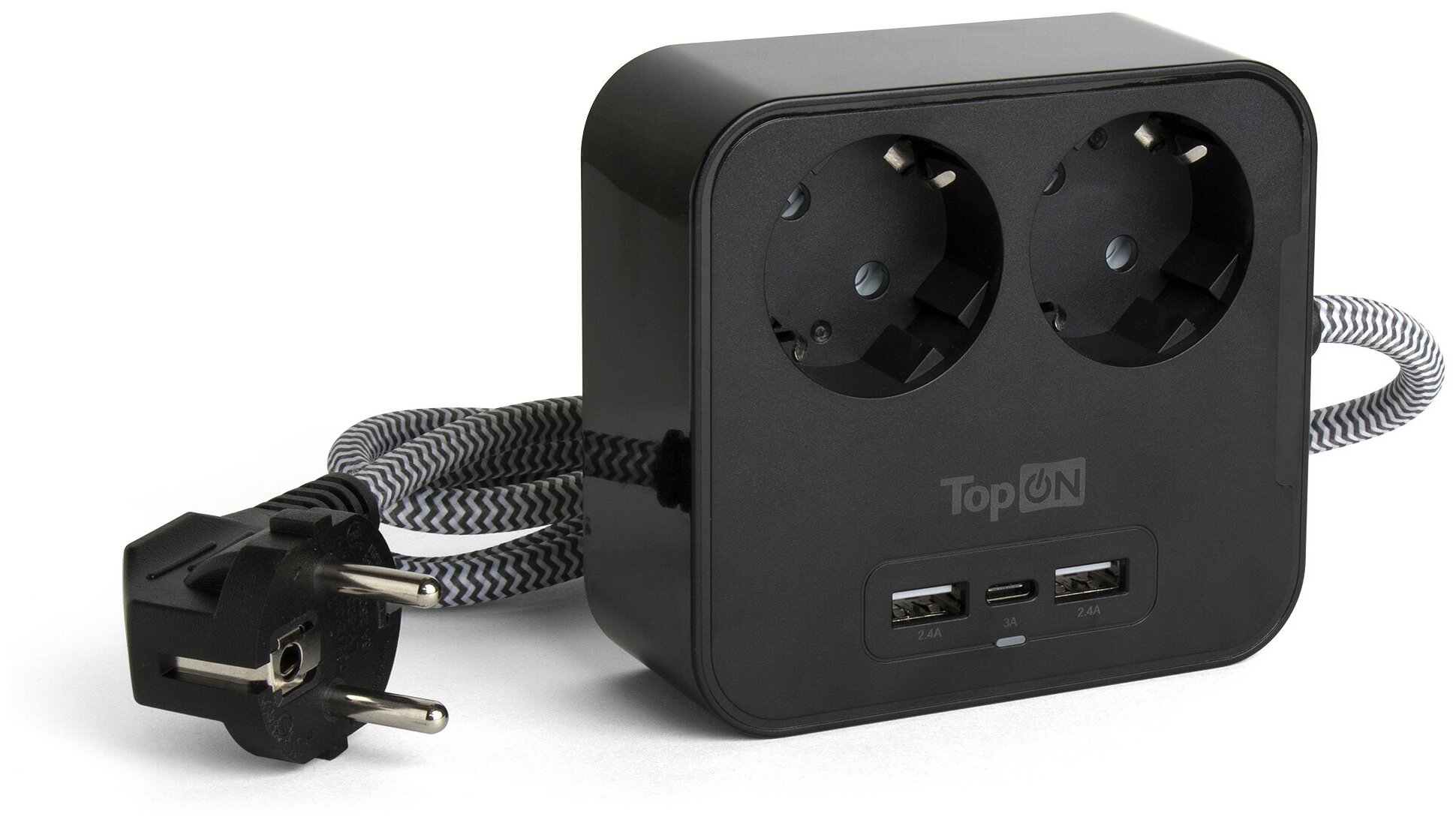 Сетевой фильтр TopON TOP-PWS2 на 2 розетки с 2 USB-A и USB-C, 4000W, 1.5 м Черный