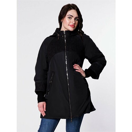 фото  куртка-рубашка riches зимняя, средней длины, силуэт прямой, карманы, ветрозащитная, съемный капюшон, размер 48, черный