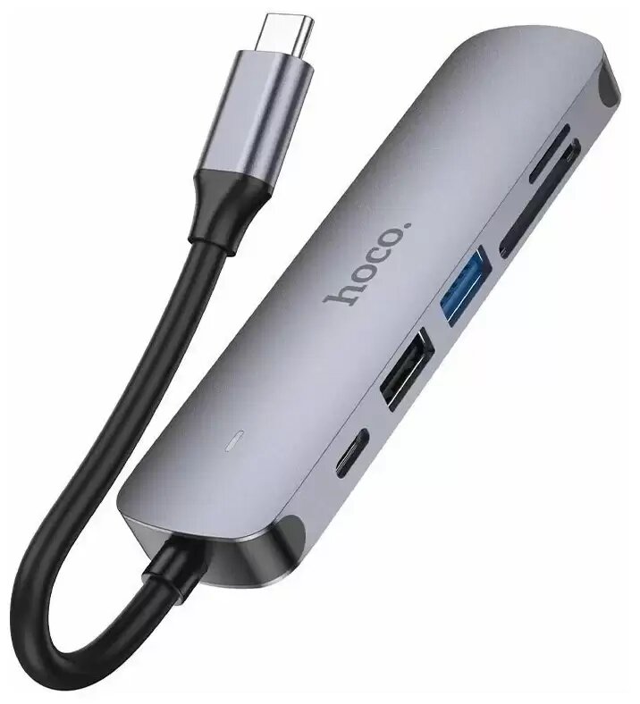 HOCO HB28/ Хаб 6 в 1/ USB 20 1 USB 30 Type-C Card Reader SD Micro SD HDMI серый металл оригинал