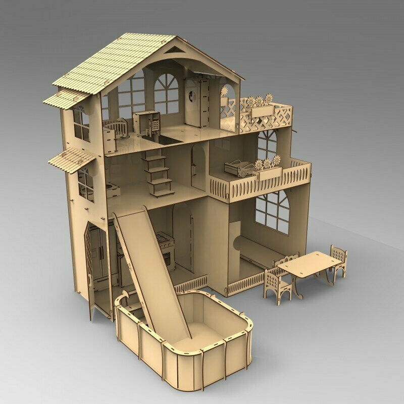 Кукольный деревянный домик с мебелью и бассейном
