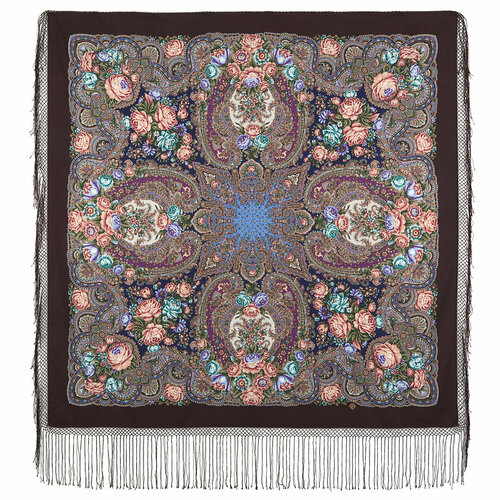 фото Шаль павловопосадская платочная мануфактура, шерсть, с бахромой, 148х148 см, коричневый