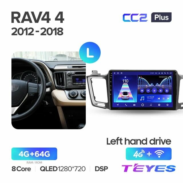 Магнитола Teyes CC2+ 4/64GB для Toyota RAV4 XA40 XA50 2012-2018, штатная магнитола, 8-ми ядерный процессор, QLED экран, DSP, 4G, Wi-Fi, 2 DIN