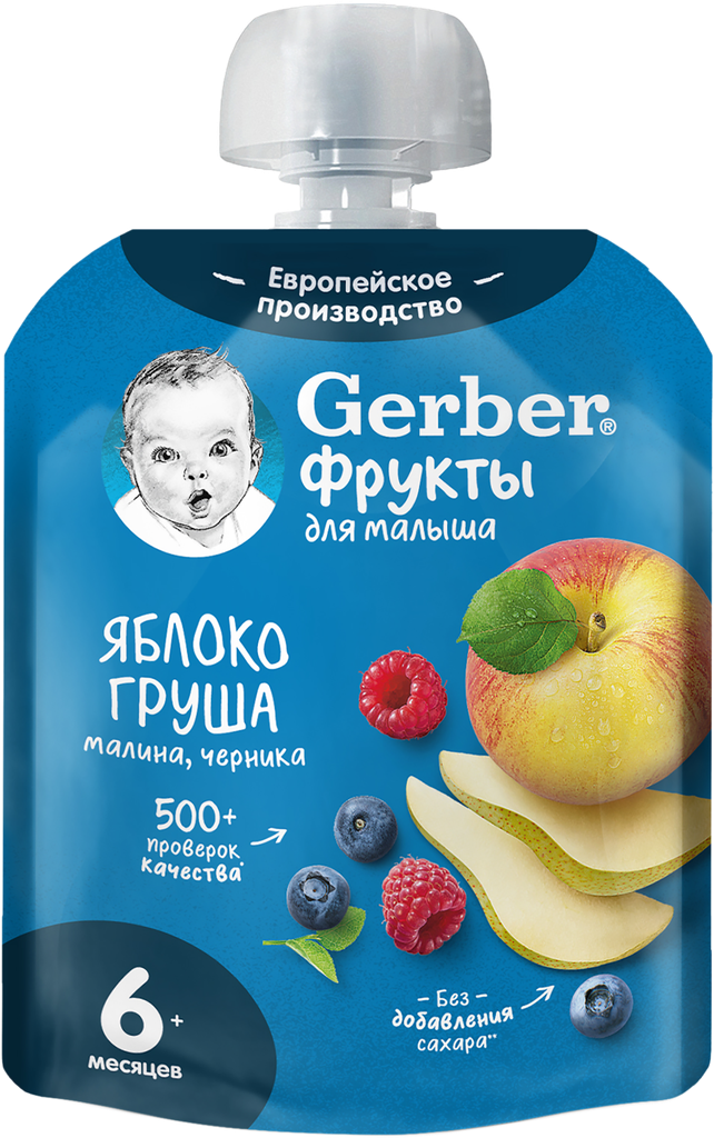 Пюре фруктово-ягодное GERBER Яблоко, груша, малина и черника, с 6 месяцев, 90г