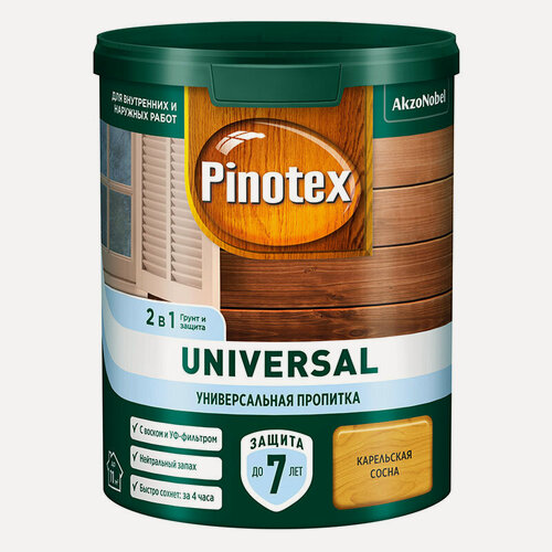 Изображение товара Пропитка PINOTEX UNIVERSAL 2 в 1 для защиты древесины, на водной основе, карельская сосна 0,9л