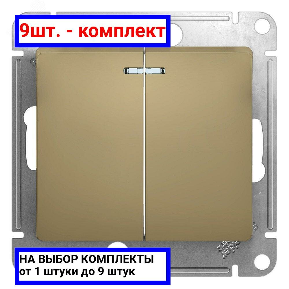 9шт. - GLOSSA Выключатель двухклавишный с подсветкой в рамку титан схема 5а / Systeme Electric; арт. GSL000453; оригинал / - комплект 9шт