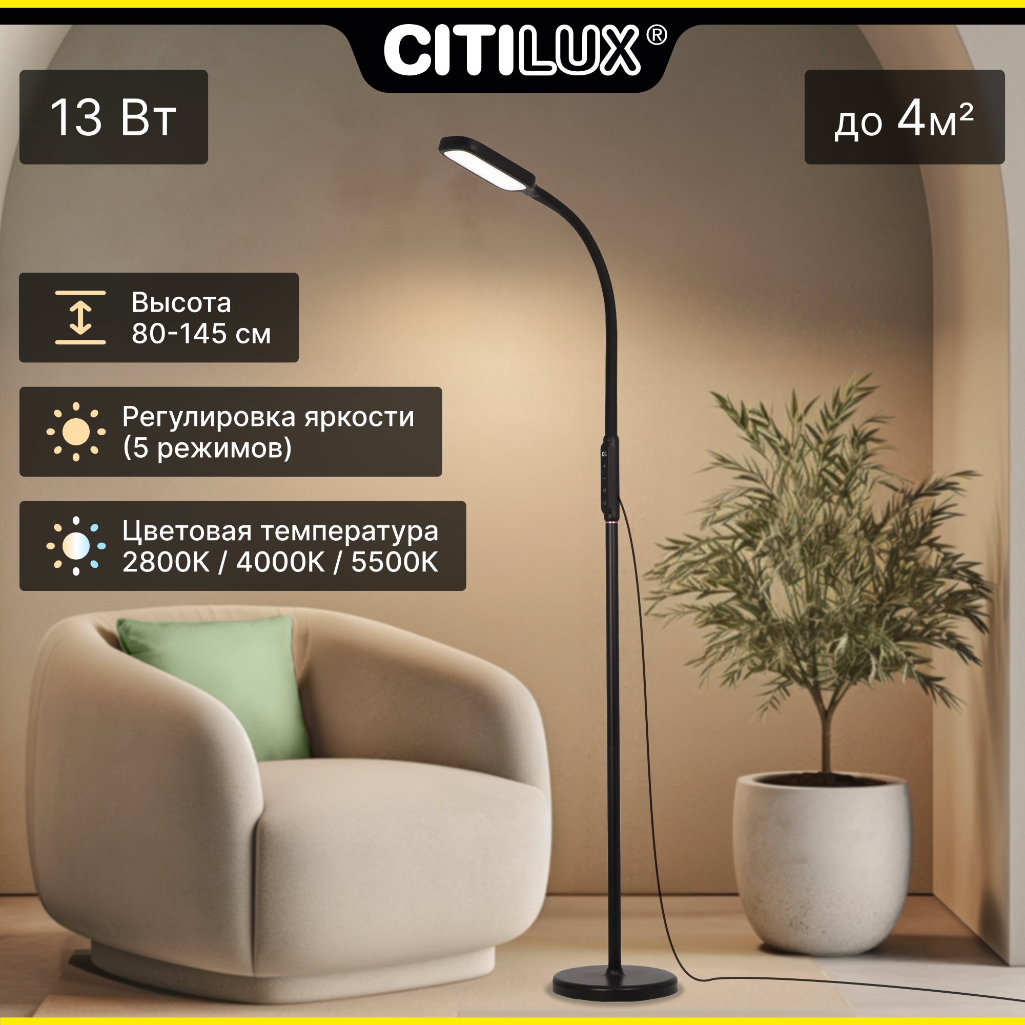 Торшер напольный светодиодный гибкий с сенсорным диммером Citilux Марк CL804021 белый черный