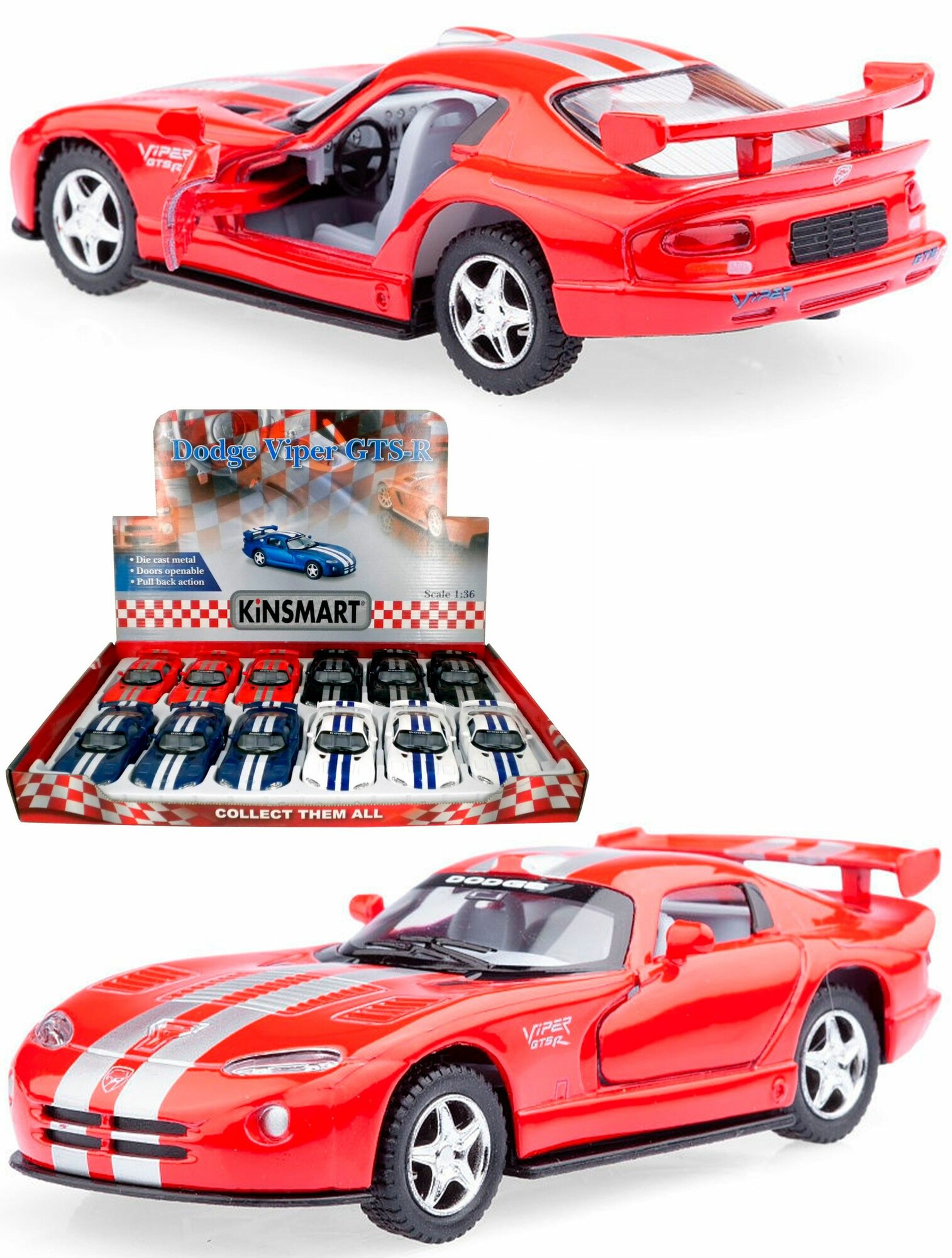 Металлическая машинка 1:36 Dodge Viper GTS-R , инерционная / Красный