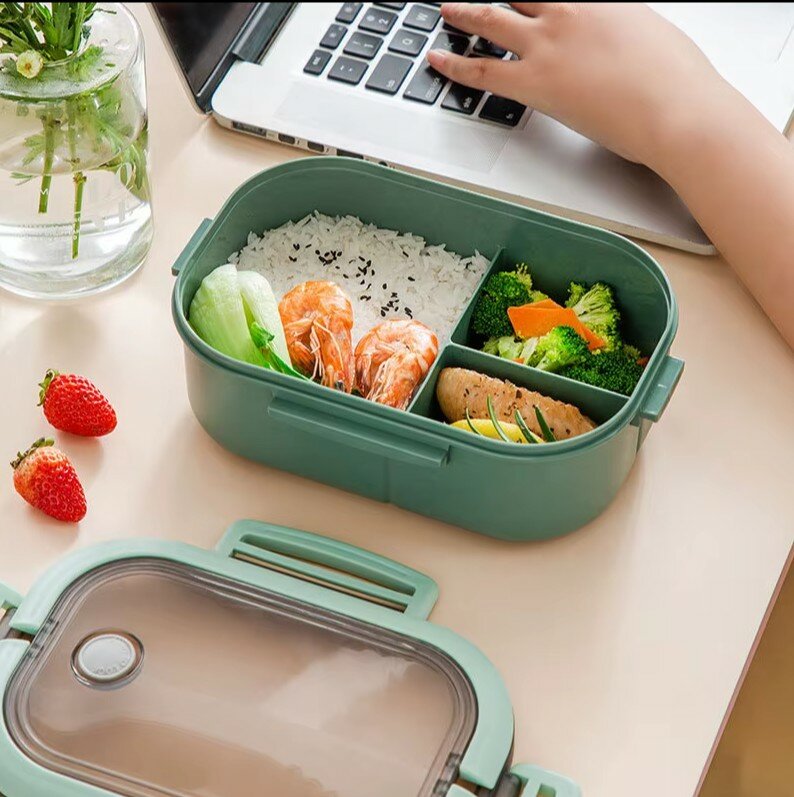 Ланч-бокс для еды пластиковый, трёхсекционный, зелёный