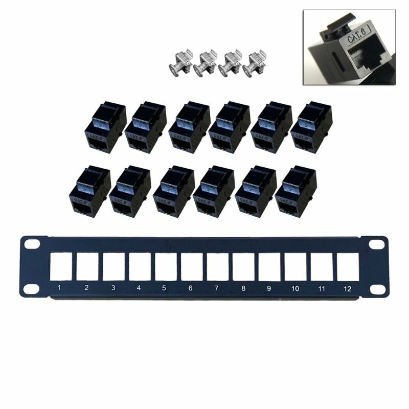 12-портовая прямая патч-панель CAT6 RJ45 Адаптер сетевого кабеля Keystone Jack Распределительный шкаф Ethernet UTP 19 дюймов