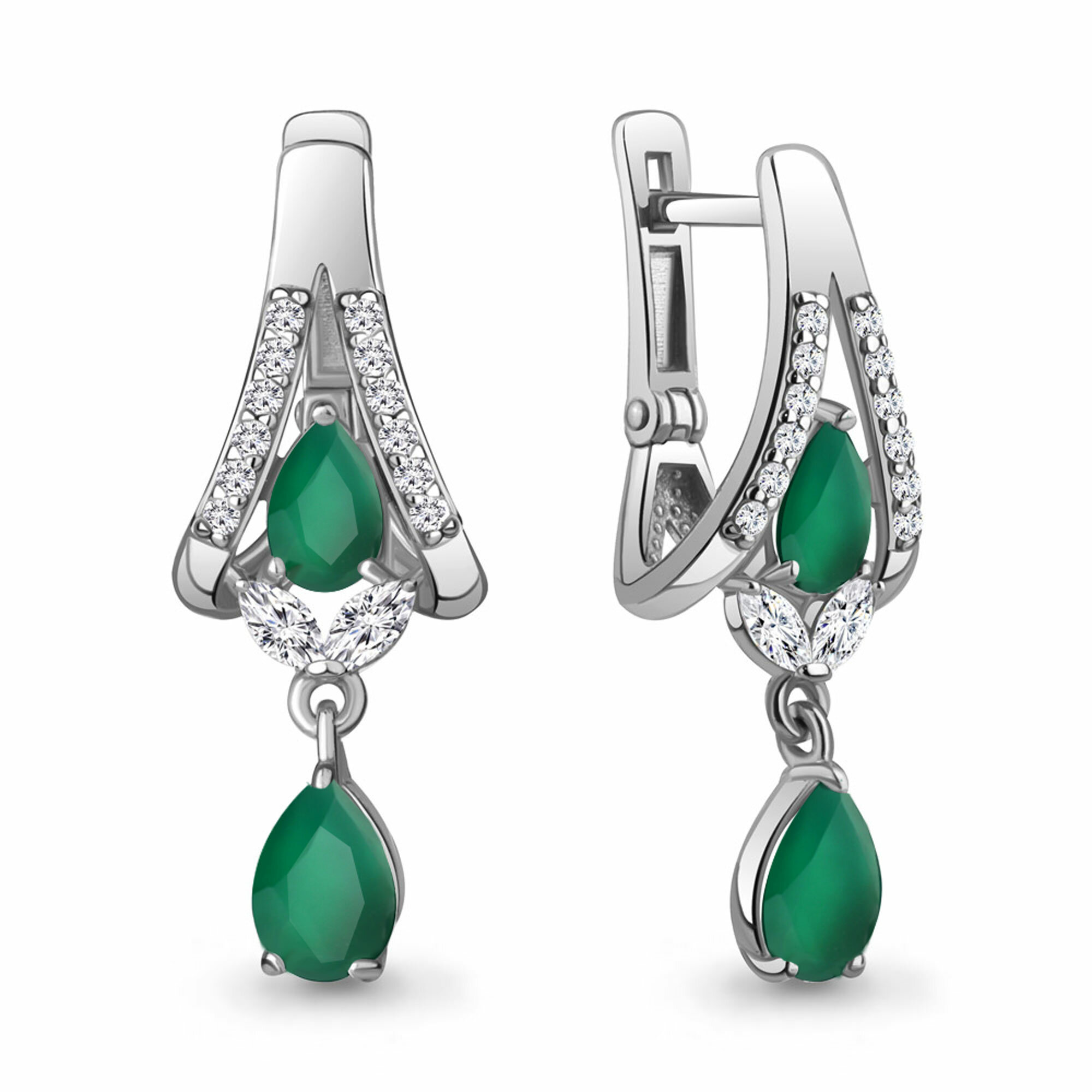 Серьги Diamant online, серебро, 925 проба, родирование, агат, фианит, длина 3 см, , зелeный