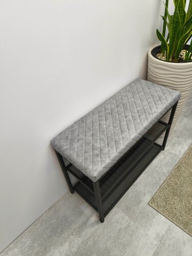 Изображение товара Обувница для прихожей "Дия" 2 полки / 86х31х53см / черный каркас - серый велюр (стежка ромб)