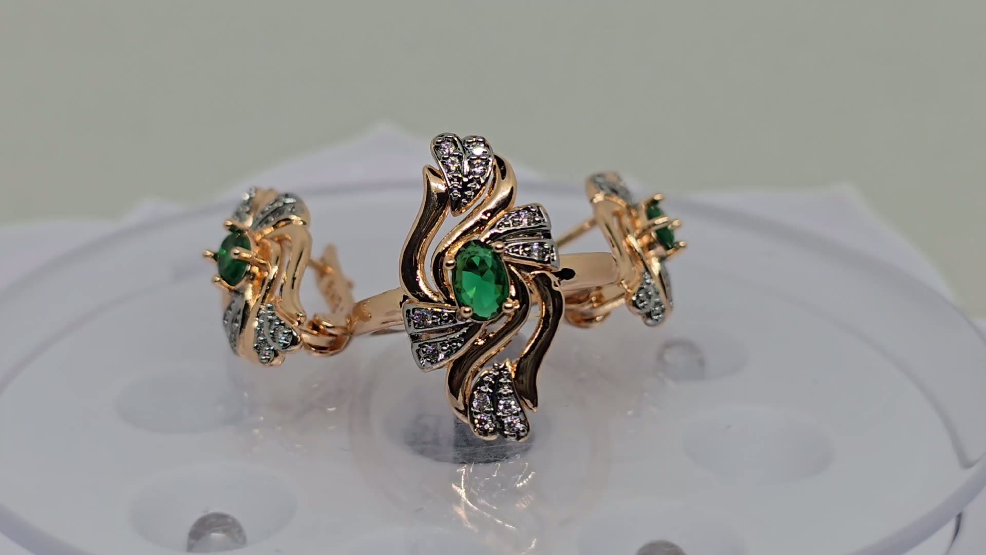 Комплект бижутерии: кольцо, серьги, фианит, размер кольца 17, зеленый, — фото 1