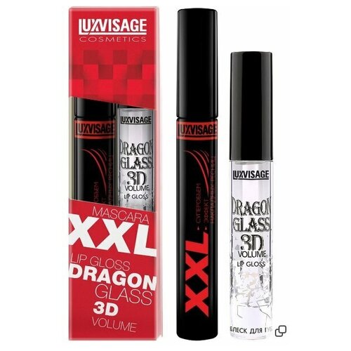 LUXVISAGE Набор Тушь XXL Суперобъем Эффект накладных ресниц + Блеск для губ DRAGON GLASS 3D volume прозрачный